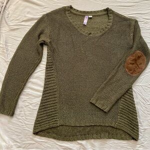 Alya Olive V-Neck Sweater with Tan Elbow Patch